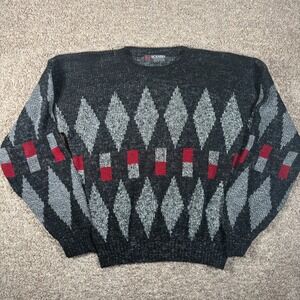 Scandia Vintage 90s Mens XL Geometric Argyle Knit Sweater Black Red Made in USA